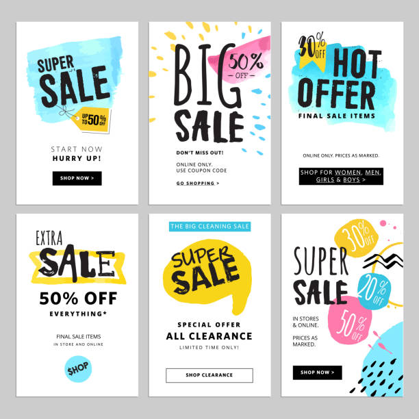 Funny and eye catching sale banners collection Funny and eye catching sale banners collection. Vector illustrations for social media banners, posters, email and newsletter designs, ads, promotional material. newsletter template stock illustrations