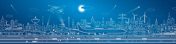 аэропорт мега панорама, самолеты на взлетно-посадочной полосы, самолет летать - factory night skyline sky stock illustrations