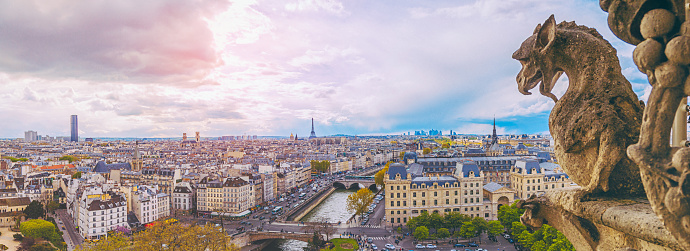 Aerial view of Paris City with eiffel tower and Seine river shot from top of Notre Dame Cathedral and  focus on the stone Chimera demon gargoyle on dramatic sunny and cloudy blue skyline a summer day XXXL