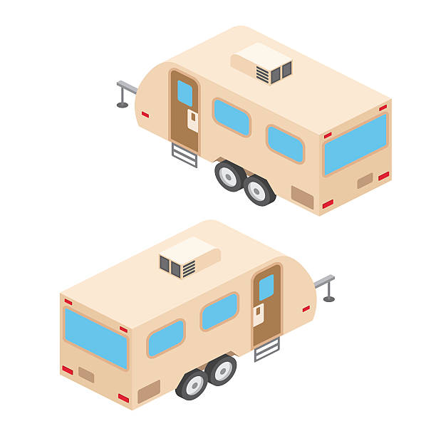 Isometric RV campers trailer. Isometric RV campers trailer. RV travel campers isolated on white. Summer campers family travel concept. Vector illustration. film trailer music stock illustrations