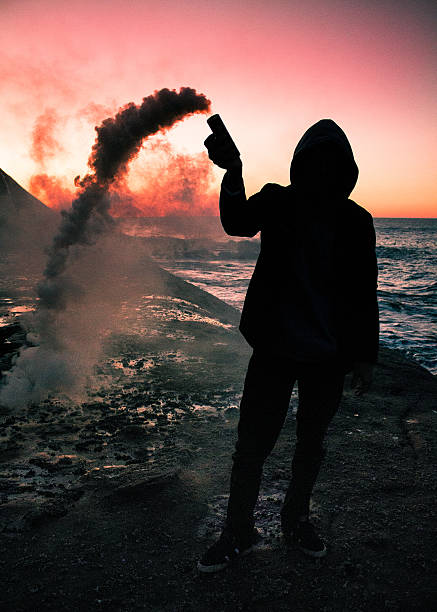 istock Mysterious person holding smoke grenade on the beach 545663718