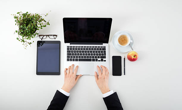 Woman Hands With Tablet, Laptop, Smartphone  and coffee Woman Hands With Tablet, Laptop, Smartphone, apple and coffee apple device stock pictures, royalty-free photos & images