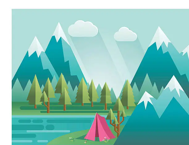 Vector illustration of Flat Design Landscape Of Mountains And Trees