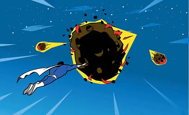 Vector illustration of Superhero Tries to Stop Meteors Falling