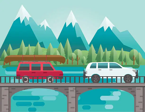 Vector illustration of Flat Design Landscape Of Mountains And Trees