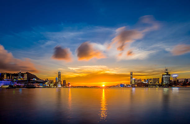 China Hong Kong Victoria harbor evening stock photo