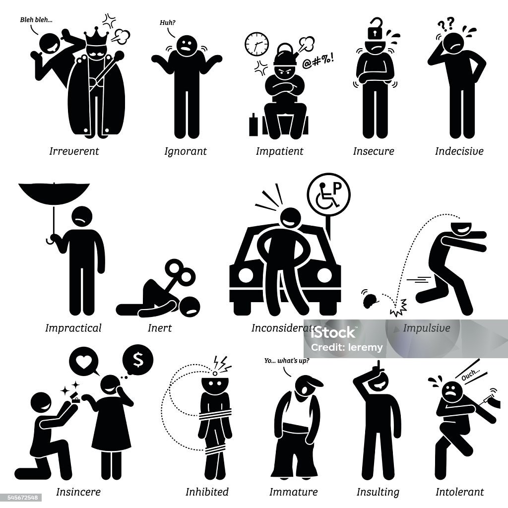 Negative Personalities Character Traits. Stick Figures Man Icons. Negative personalities traits, attitude, and characteristic. Irreverent, ignorant, impatient, insecure, indecisive, impractical, inert, inconsiderate, impulsive, insincere, inhibited, immature, insulting, and intolerant. Icon Symbol stock vector