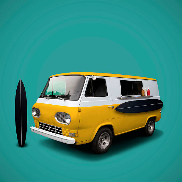 istock Yellow fast food truck on blue background template 545673696