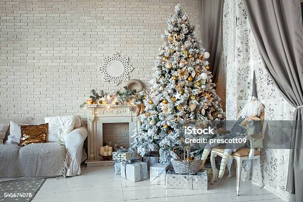 Christmas And New Year Decorated Interior Room Stock Photo - Download Image Now - Christmas, Atmospheric Mood, Backgrounds