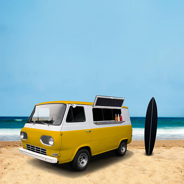 istock Retro food truck van on the beach 545674224