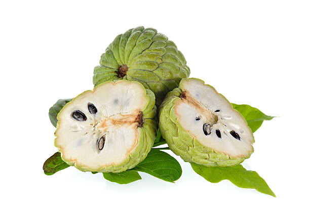 istock whole and half cut custard apple with leaves on white 545674832