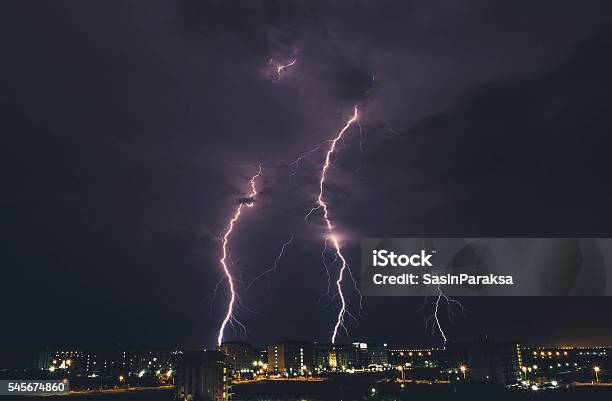 Lightning Storm Over Countryside City At Night In Thailand Stock Photo - Download Image Now