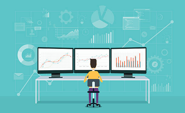 ilustraciones, imágenes clip art, dibujos animados e iconos de stock de personas de negocios en el gráfico de informes de monitores y análisis de negocios - analyzing chart scrutiny planning