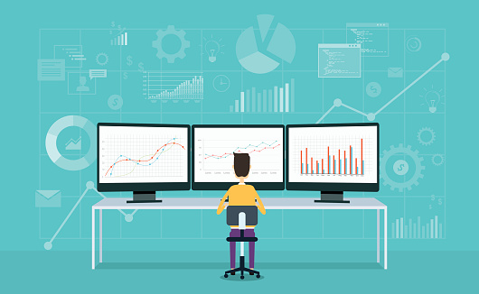 business people on monitor report graph and business analyze