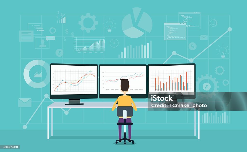 business people on monitor report graph and business analyze Analyzing stock vector