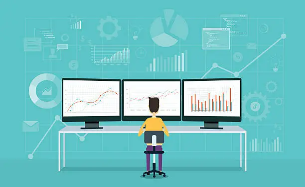 Vector illustration of business people on monitor report graph and business analyze