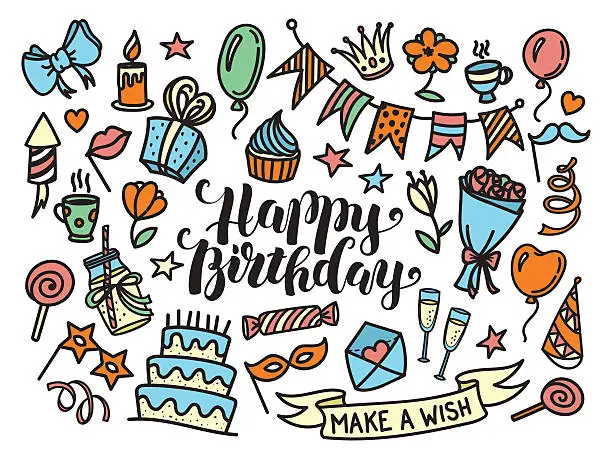 Vector illustration of Colorful happy birthday party lettering and doodle set
