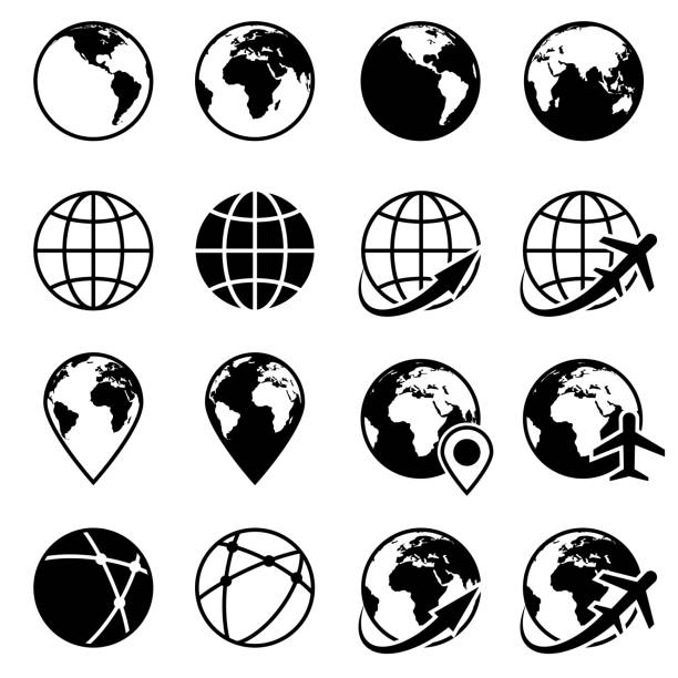 Vector black earth globe icons Vector black earth globe icons. Planet globe monochrome and world globe of set illustration airplane clipart stock illustrations