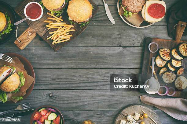 Frame From Different Burgers With Grilled Vegetables Stock Photo - Download Image Now