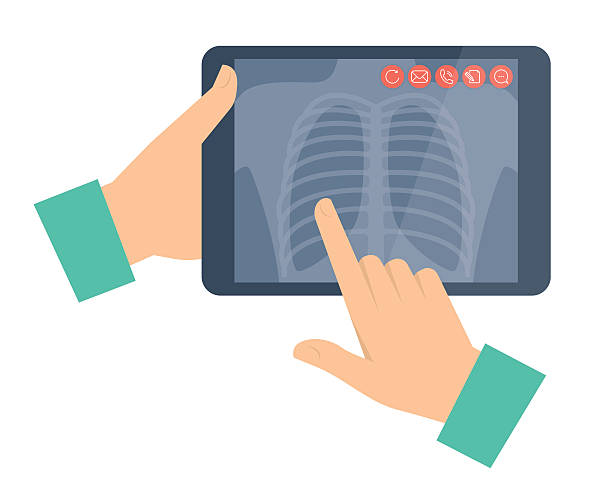 lekarz posiadający tablet z radiografią płuc. telemedi ( telemedi ) - letter x illustrations stock illustrations