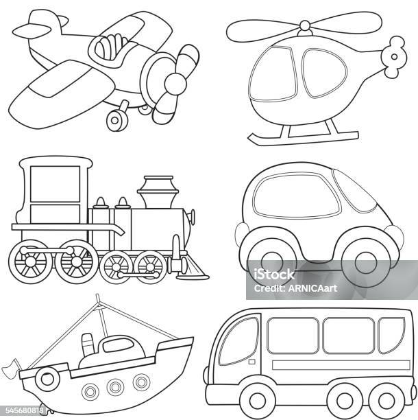 Cartoon Transport Stock Illustration - Download Image Now - Coloring Book Page - Illlustration Technique, Bus, Car