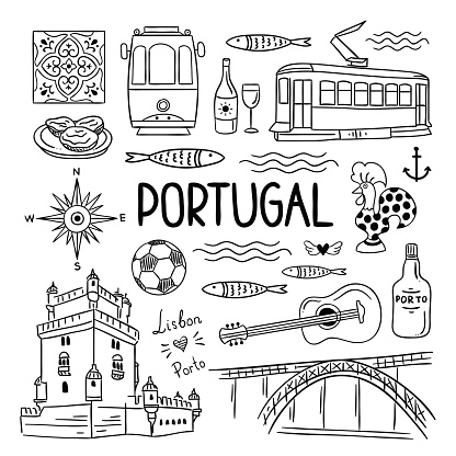 Portugal hand drawn icons. Lisbon and Porto travel illustrations