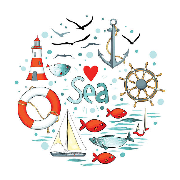 ilustrações, clipart, desenhos animados e ícones de coleção de elementos de náutica em um círculo forma. - fishing industry fishing nautical vessel buoy