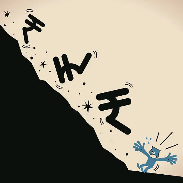 Vector illustration of Recession falling Rupee currency sign hitting fresh low, investor escape