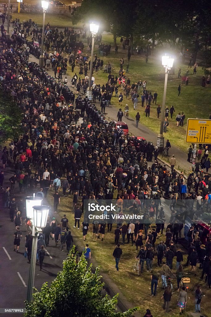 Rigaer Straße protests in Berlin An estimated 3,500 far-left radicals faced 1.800 security personnel in the Friedrichshain and Kreuzberg neighborhoods on Saturday night. Protest Stock Photo