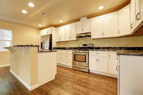 istock Kitchen room with white appliances, kitchen island 545779338