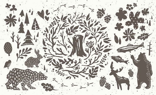 Handsketched elements of northern forest. Hand drawn nordic set. Vector collection of animals, florals, flowers, branches, berries, trees. Bear, deer, fish, rabbit, bird silhouettes.
