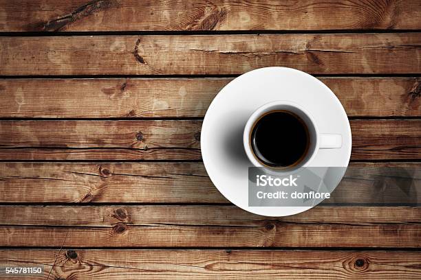 Italian Espresso Coffee In A White Cup On Wood Table Stock Photo - Download Image Now