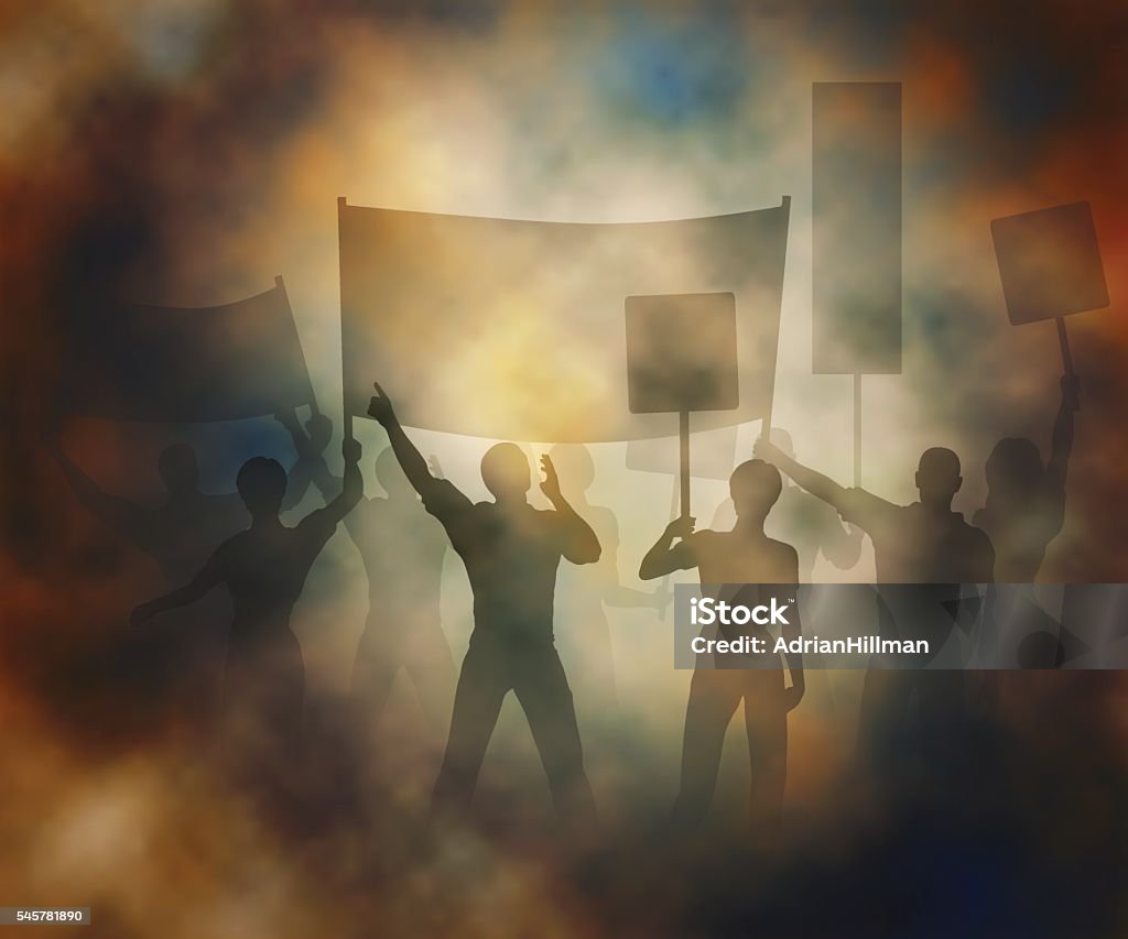 Street protest Editable vector illustration of people protesting in a smoky atmosphere created using gradient meshes Anger stock vector