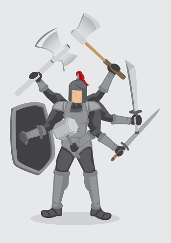 Vector illustration of a cartoon medieval knight character in metal armor with multiple arms holding a variety of ancient weapon.