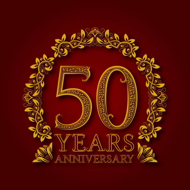 Golden emblem of fiftieth years anniversary. Golden emblem of fiftieth years anniversary. Celebration patterned insignia with shadow on red. fiftieth stock illustrations