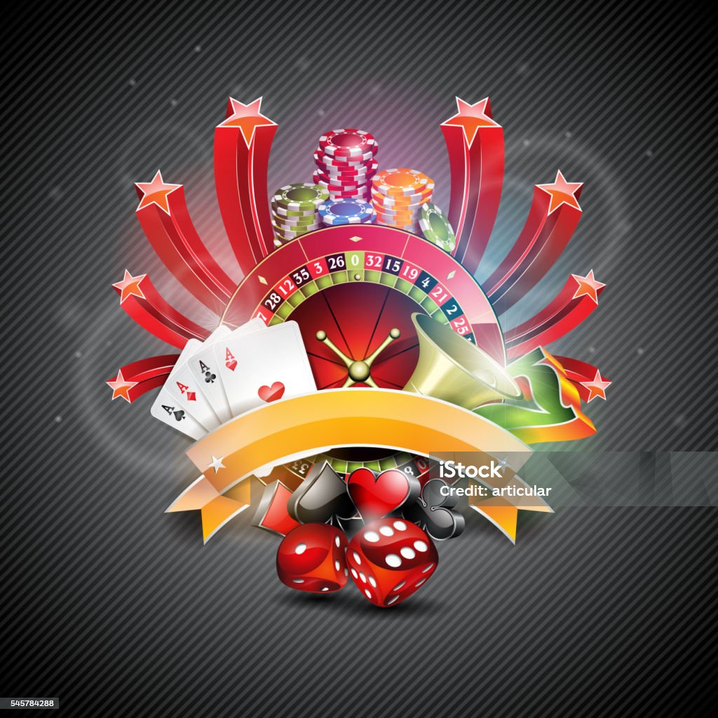 roulette wheel and poker cards on dark background. Vector illustration on a casino theme with roulette wheel and poker cards on dark background. Abstract stock vector