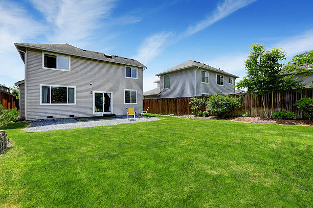 istock Spacious backyard area with dark brown wooden fence 545786800