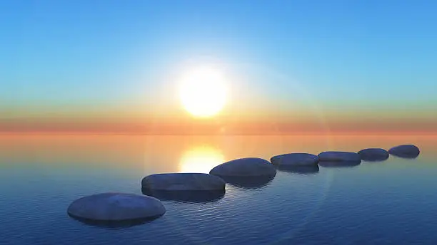 3D render of stepping stones in the ocean at sunset