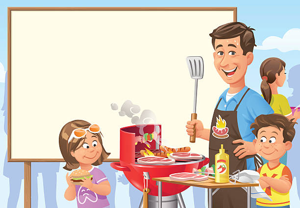 illustrazioni stock, clip art, cartoni animati e icone di tendenza di invito barbecue party - man eating
