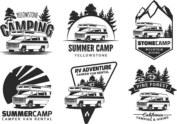 Set of monochrome camper van car emblems Set of monochrome camper van car emblems and badges isolated on white background. Recreational vehicle and camping design elements. rv stock illustrations