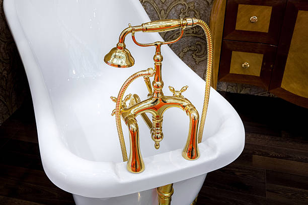istock Retro styled washbasin, head shower and faucet 545789726