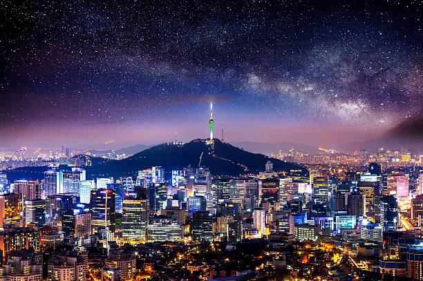 View of downtown cityscape and Seoul tower in Seoul. View of downtown cityscape and Seoul tower in Seoul, South Korea. aerial view of seoul south korea capital city stock pictures, royalty-free photos & images