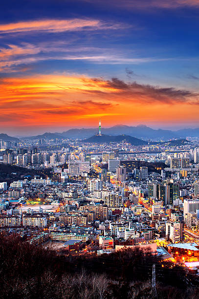 View of downtown cityscape and Seoul tower in Seoul. View of downtown cityscape and Seoul tower in Seoul, South Korea. aerial view of seoul south korea capital city stock pictures, royalty-free photos & images