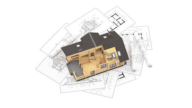 istock The model of a log house on the background drawings 545791040