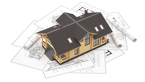 istock The model of a log house on the background drawings 545791364