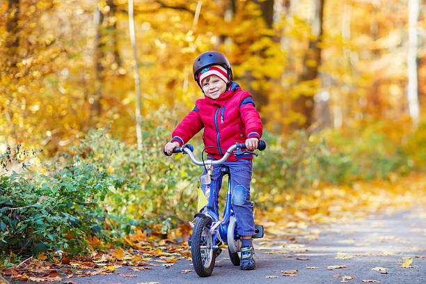 istock Little kid boy with bicycle in autumn forest 545791608