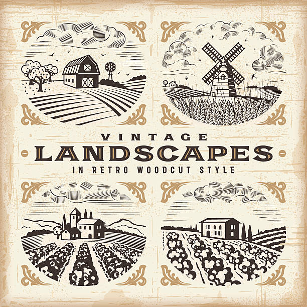 illustrazioni stock, clip art, cartoni animati e icone di tendenza di set paesaggi vintage - landscaped sign farm landscape