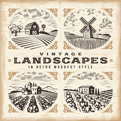 A set of landscapes in retro woodcut style. Editable EPS10 vector illustration with clipping mask and transparency. Includes high resolution JPG.