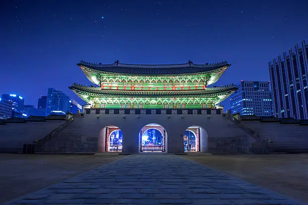 Gyeongbokgung Palace at night in seoul,South Korea.