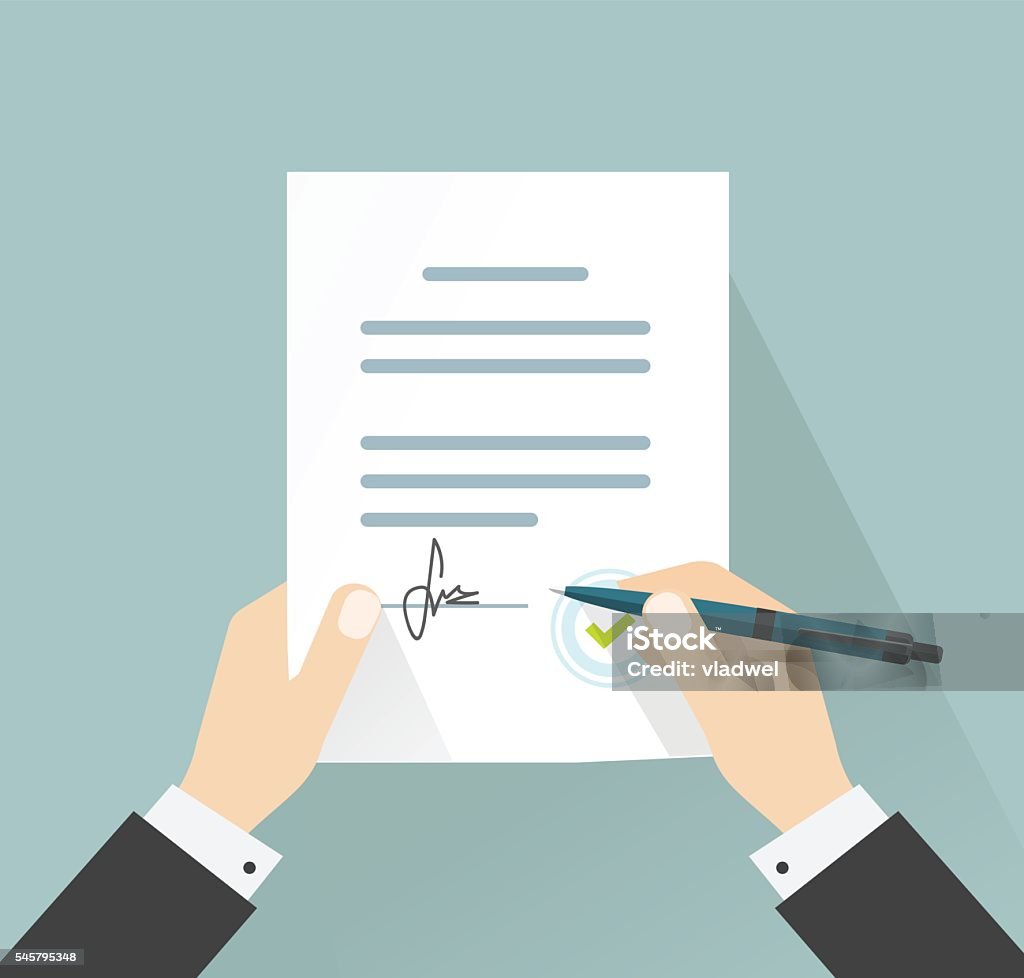 Empresário assina vetor de documento, mãos segurando contrato assinado acordo legal - Vetor de Assinar royalty-free